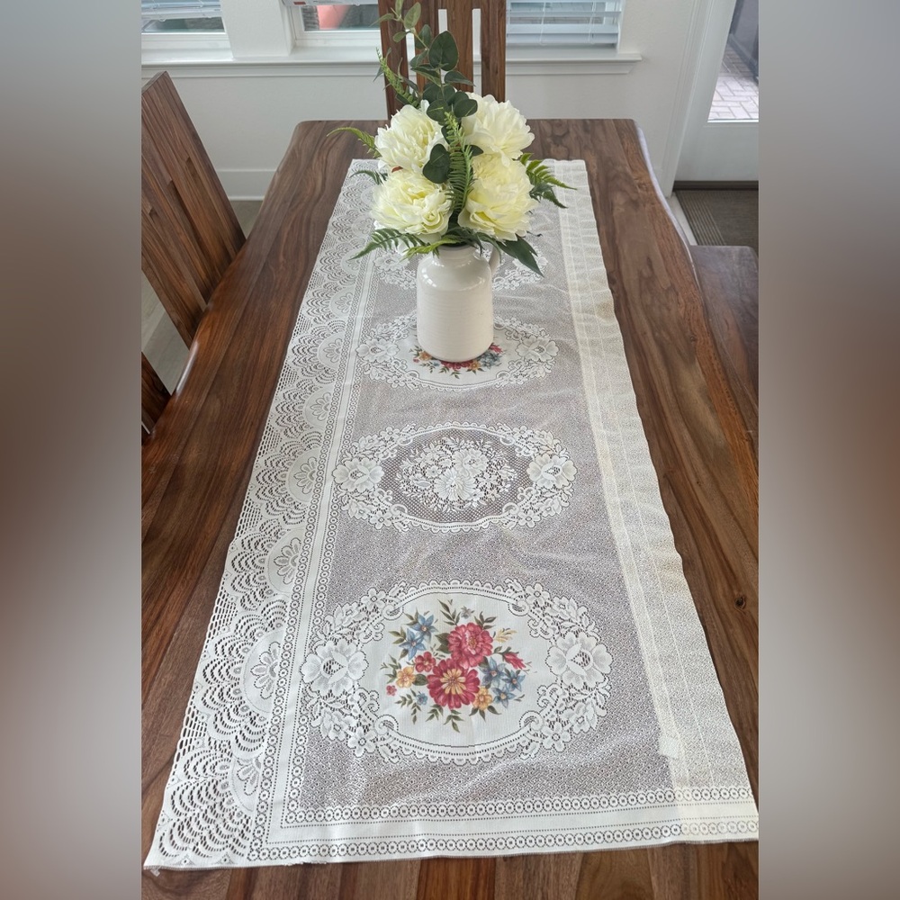 Vintage Victorian embroidered lace table runner farmhouse cottagecore